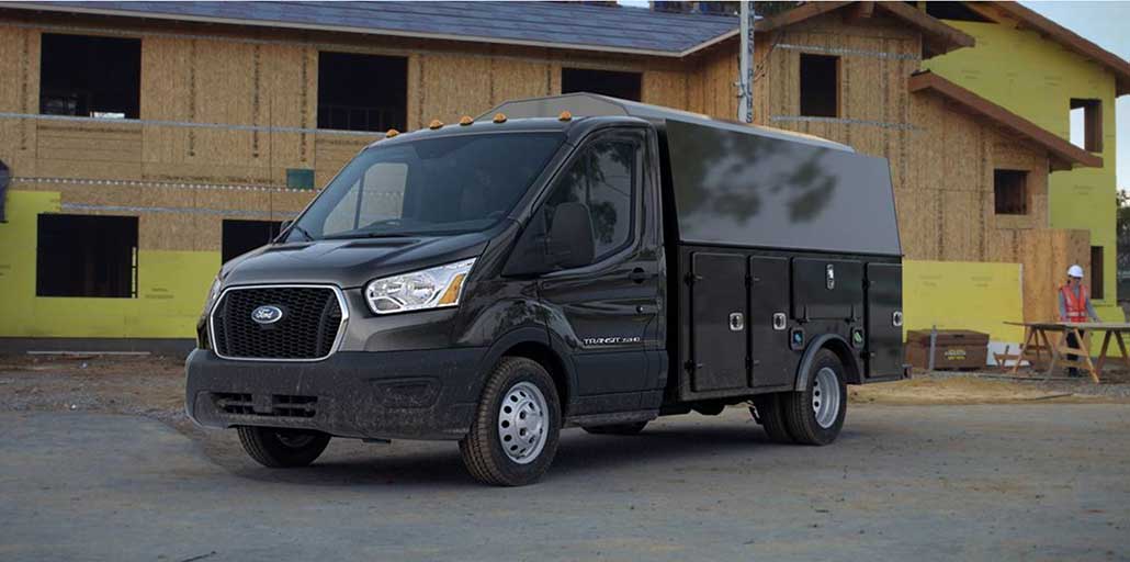 Ford Transit Chassis Service body at a job site.